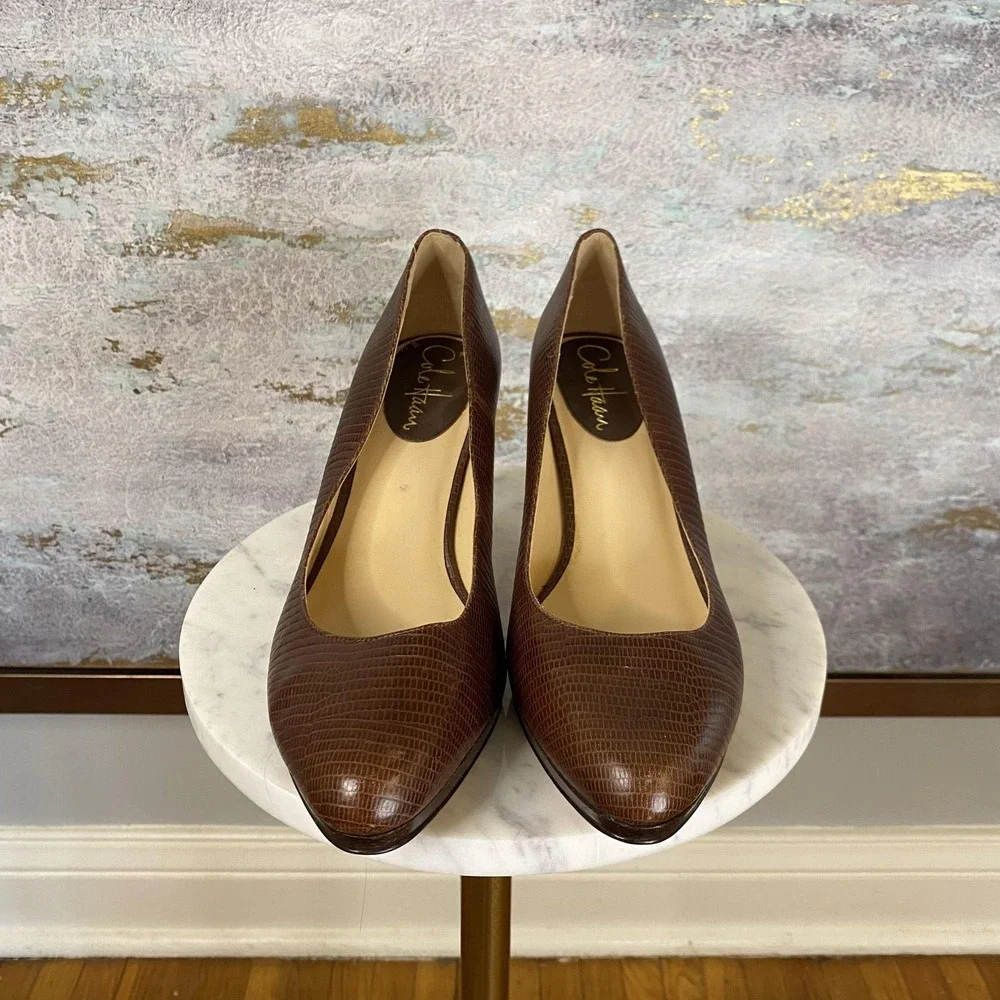 Cole Haan Shoes Womens Size 7.5 Brown Leather Round Toe High Heel Textured Pumps